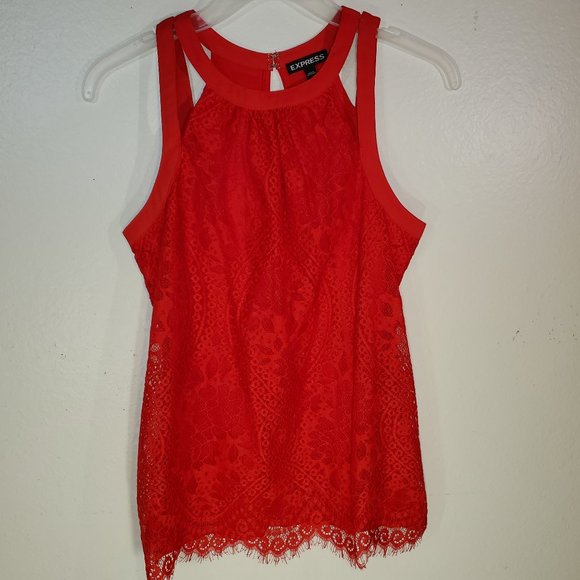 Express Red Eyelash Lace Overlay High Neck Cut Out Tank Top Blouse, Sz XS - Picture 1 of 6